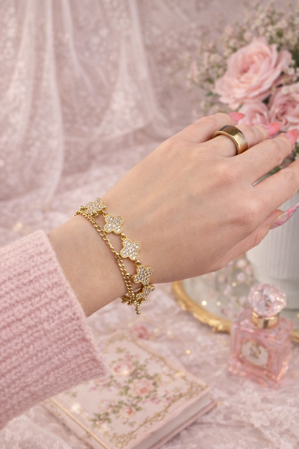 Gold Plated 14K – B004 Rose Pavé Clover Bracelet