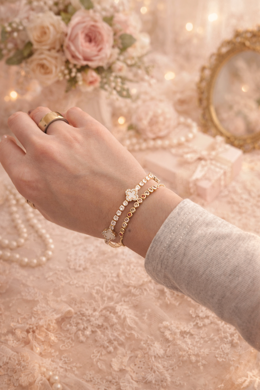 Gold Plated 14K Tennis Bracelet w/ Mother-of-Pearl Clover